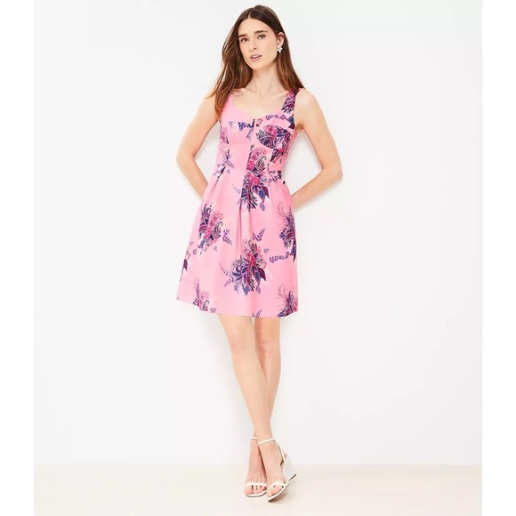 LOFT Paisley Corset Seamed Flare Summer Dress in Pink Multi Size 16 - Picture 1 of 15